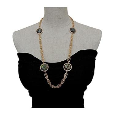 Imagem de URMIBDAI Colares femininos labradorita em forma de moeda de zircônia cúbica conjunto de bisel de pedra preciosa colar longo 73,6 cm