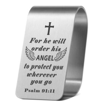 Imagem de KEVANCHO Clipe de viseira de carro, anjo e cruz de aço inoxidável gravado com versículo da Bíblia Salmo 91:11, acessórios de carro religiosos de segurança para dirigir para presente de proteção para