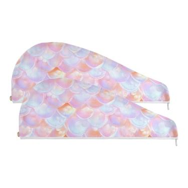 Imagem de SEHANY Toalha de cabelo de microfibra roxa pálida escamas de sereia para mulheres, 2 peças, turbantes de cabelo de secagem rápida com botão, touca de cabelo seco absorvente toalha de secagem de cabelo