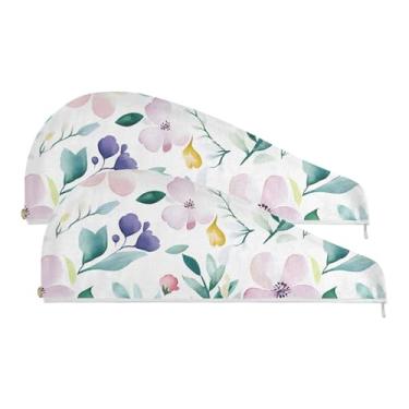 Imagem de SEHANY Toalha de cabelo de microfibra de flores coloridas elegantes para mulheres, 2 peças, turbantes de cabelo de secagem rápida com botão, touca de cabelo seco absorvente toalha de secagem de cabelo