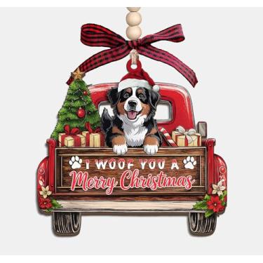 Imagem de Enfeite de madeira I Woof You A Merry Christmas – Caminhão de Natal com Bernese Mountain Dog, enfeite de lembrança de madeira em 3 camadas, presentes para mulheres, homens, amantes de animais de