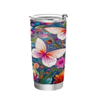 Imagem de Blueangle Copo de 590 ml com tampa e canudo, copo de café com água isolada a vácuo de aço inoxidável, copo térmico de borboletas coloridas para bebidas quentes e frias (257)