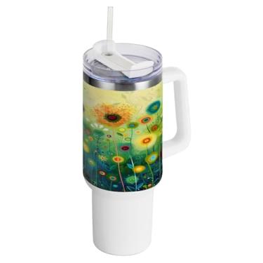 Imagem de xigua Copo vintage de flores silvestres de 1,134 g com alça e canudo, aço inoxidável duplo isolado a vácuo garrafa de água suporte de copo de garrafa de água amigável à prova de vazamento copo de