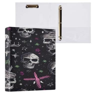 Imagem de Blueangle Fichário de 3 anéis com estampa de caveira colorida com prancheta e 2 bolsos - Organizador de documentos decorativos de 3 cm para escritório, suprimentos para reuniões (126)