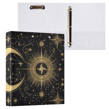 Imagem de Blueangle Fichário com 3 anéis de sol e lua dourados com prancheta e 2 bolsos - Organizador de documentos decorativos de 3 cm para escritório, suprimentos para reuniões (366)