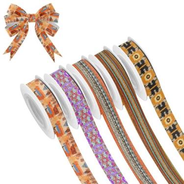 Imagem de SEHANY 5 rolos de fita de Natal 0,59 polegadas 5 jardas fitas de tecido boêmio fitas de cetim festivas fitas decorativas de Natal para embrulho de presente faça você mesmo artesanato grinalda