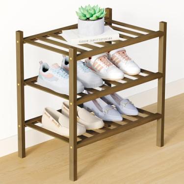 Imagem de Smiry Sapateira de bambu para armário, organizador de sapatos empilhável de madeira pequeno de 3 níveis, prateleira de armazenamento de sapatos de pé livre para entrada, entrada da porta da frente