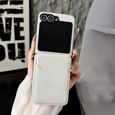 Imagem de Capa de luxo com compartimento para cartões para Samsung Galaxy Z Flip 7 6 5 4 3 5g Zflip7, capa lisa em couro (para Galaxy Z Flip 6/Branco)