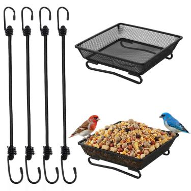 Imagem de Pacote com 2 comedouros de pássaros, 18 x 18 x 5 cm, bandeja alimentadora de pássaros para varanda de metal com 4 cordas elásticas fixas, malha compacta para decoração de quintal e jardim ao ar livre