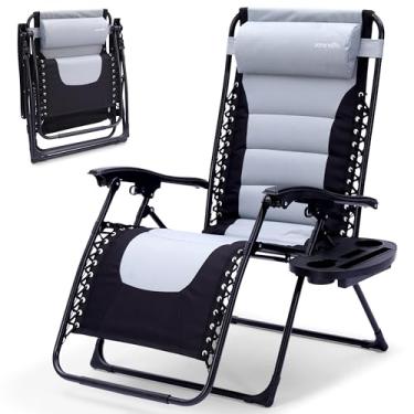 Imagem de SereneLife SL1ZGRCP21.5 Cadeira de gramado dobrável acolchoada gravidade zero reclináveis ajustáveis com suporte de copo de plástico mesa lateral e travesseiro (cinza e preto)
