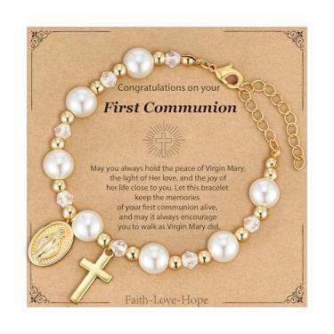 Imagem de Fervia Presentes Católicos Virgem Maria Cruz Rosário Pulseira de Pérola para Mulheres Confirmação Primeira Comunhão Batismo Joias Religiosas Cristãs Presente, Adjustable, Pérola