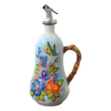 Imagem de Windefun Garrafa decorativa de 540 ml para cozinha, garrafa de azeite de oliva de cerâmica pintada à mão, recipiente de óleo de cerâmica (B-Butterfly Love Flower)