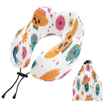 Imagem de CEBUGI Travesseiros de viagem portáteis em forma de U, travesseiro de pescoço de espuma viscoelástica com trava de corda ajustável para avião, viagem, trem, negócios, escritório, soneca (caveira de