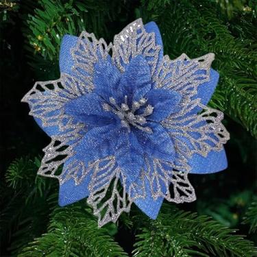 Imagem de 5 peças de flores artificiais de Natal vazadas com glitter, enfeites de árvore de Natal, decoração de festa de casamento em casa, 15 x 14 cm (azul)