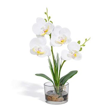 Imagem de LMJYU Orquídea branca artificial com vaso de vidro - Flores de toque realista para casa, escritório, cozinha, casamento e decoração de festa