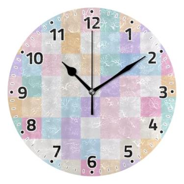 Imagem de WELLDAY Relógio de parede sem tique-taque 25 cm - Relógio redondo silencioso de quartzo colorido xadrez azul rosa para casa/escritório/cozinha/sala de aula
