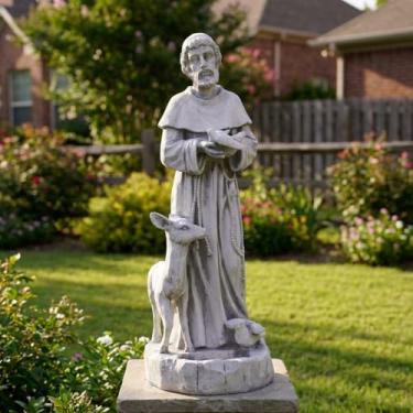 Imagem de JXNCJXZG Estátuas de decoração de jardim de São Francisco 61 cm São Francisco de Assis católico cristão gramado pátio esculturas ao ar livre óxido de magnésio decoração de arte em pedra, cinza