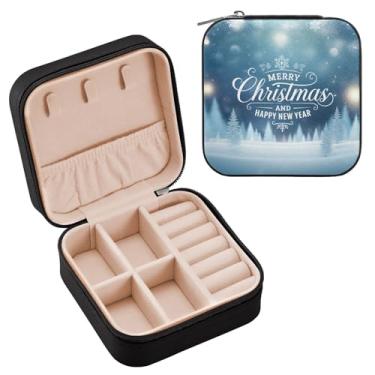 Imagem de Wassud Estojo de joias de viagem com fundo de Natal para mulheres, meninas, senhoras, noiva, mini organizador de joias de couro PU, caixa quadrada de armazenamento de joias para brincos, anéis, colar