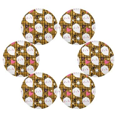 Imagem de Wassud Jogo americano conjunto de 6 fantasmas com chapéus, tapetes de mesa redondos para cozinha e jantar, lavável, resistente ao calor, decoração de mesa 39 cm