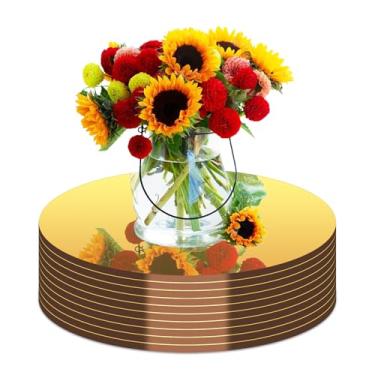 Imagem de 10 peças de centro de mesa espelhadas redondas douradas para mesas, bandeja espelhada circular de acrílico, placa de vela para decoração de mesa de casamento, aniversário, decoração de parede para