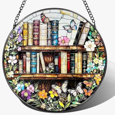 Imagem de LAOWEIKI Ornamento de apanhador de sol de 20 cm, vitrais pendurados, apanhadores de sol para pendurar em janelas, decoração de janela | Presente para o clube do livro, presente para amantes de livros