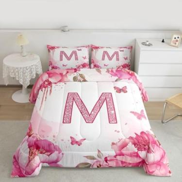 Imagem de jejeloiu Conjunto de edredom solteiro com borboletas lindas para meninas, adolescentes, letra M, monograma, decoração de quarto, flor, 2 peças com 1 fronha