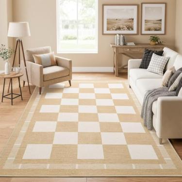 Imagem de Vasofe Tapetes de juta xadrez, 12 x 18 cm, tapete lavável para sala de estar, quarto, tapete interno, antiderrapante, moderno, casa de fazenda, neutro, geométrico, escritório, varanda, sala de jantar