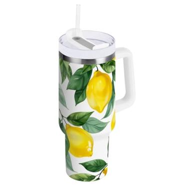 Imagem de ODAWA Copo grande à prova de derramamento com palha, folhas de limão, amarelo isolado a vácuo com canudo e alça