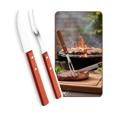 Imagem de Kit 2 Utensílios Churrasco Cabo Madeira Faca e Garfo Longos (Marrom)