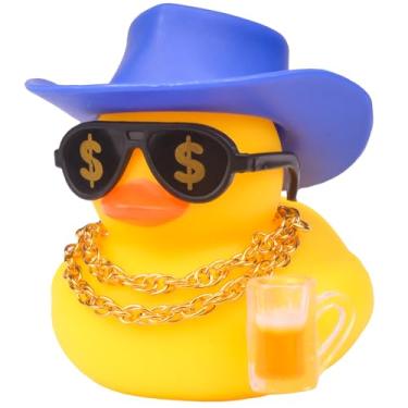 Imagem de CoFuBcad Decoração de painel de pato de borracha, decoração de pato amarelo de carro engraçado com colar de chapéu de caubói óculos de sol, mini instrumento para acessórios legais de carro