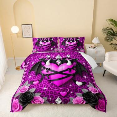Imagem de QOOMO Jogo de cama Queen com desenho animado de coração, estampa de leopardo, para decoração de quarto de meninos e adolescentes, macio e leve para todas as estações, 1 edredom e 2 fronhas