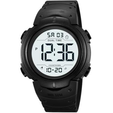 Imagem de PASOY Relógio digital masculino feminino grande luz LED natação impermeável pulseira de borracha alarme preto LED relógios 50 mm, Mostrador preto e branco, Esportivo