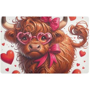 Imagem de TSENQUE Tapete personalizado bonito Highland Cow Valentines Tapete de varanda frontal, tapete de boas-vindas absorvente antiderrapante tapetes de porta externos laváveis 81 x 50 cm