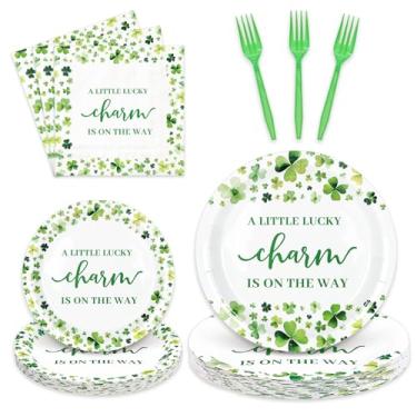 Imagem de Whaline Kit de artigos de festa do Dia de São Patrício, conjunto de utensílios de mesa descartáveis, papel para guardanapo, garfo de prato para 24 convidados, catering, jantar, festa, decoração de