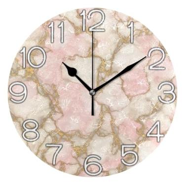 Imagem de Relógio de parede analógico decorativo para sala de aula, escritório, silencioso, decoração de sala de estar, arte moderna, mármore branco rosa, veias douradas, 25 cm, ponteiros pretos