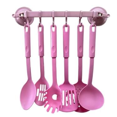 Imagem de Conjunto 6 Utensilios com Gancho de Cozinha de Nylon Colher Concha Escumadeira Espátula Pegadores (KIT ROSA ESCURO COM SUPORTE)