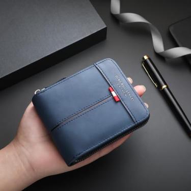 Imagem de Carteira masculina dobrável com zíper, resistente ao desgaste, clipe para dinheiro e bolso para moedas, carteira masculina de couro retrô, Azul, Simples