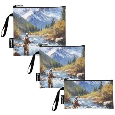Imagem de Bolsa de lanche de tecido lavável vintage Mountain Art e sacos de sanduíche, reutilizáveis, sacos de armazenamento de alimentos com zíper para escola, escritório, viagem, trabalho (conjunto de 3: P/M