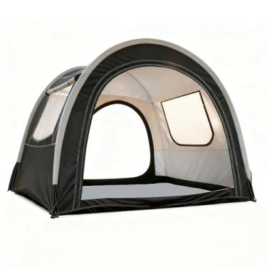 Imagem de Tenda de túnel estendida e barraca de acampamento, 2,1 x 1,8 x 1,6 m preta para 3 a 4 pessoas, barraca familiar de três camadas com malha/PVC/tecido Oxford, toldo de proteção solar à prova de