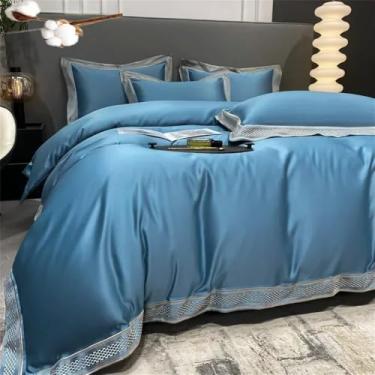 Imagem de Conjunto de cama simples em algodão branco com bordado, incluindo capa de edredom de casal, lençóis e fronhas, na cor azul, com lençol de baixo de 1,8 MB.