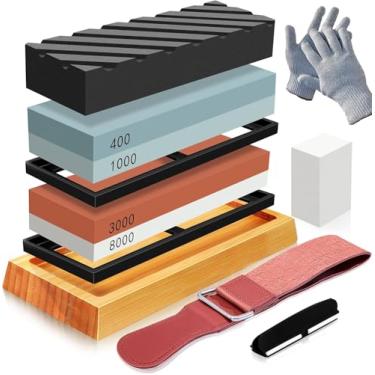 Imagem de Trailabo Pedra de Amolar Facas, Pedra de Afiar de Amolar de Granulação 400/1000 e 3000/8000, Afiador de Facas Dupla Face com Base Antiderrapante