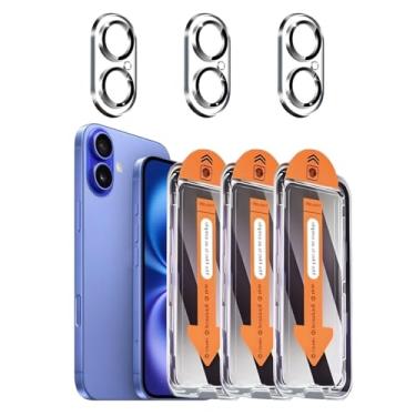 Imagem de Pacote com 3 protetores de tela de privacidade para iPhone 16 Plus de 6,7 polegadas com 3 protetores de lente de câmera, película de vidro temperado antiespionagem, dureza 9H, compatível com capa