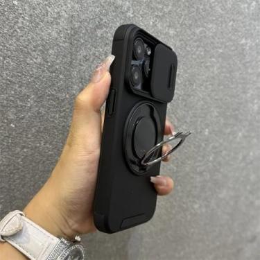 Imagem de Capa com suporte de anel giratório e cordão para iPhone 16, 15 Pro Max, 14 Plus, 11, 13 e 12, alça de pulso, capa deslizante para câmera, B, preta, para iPhone 12 Pro