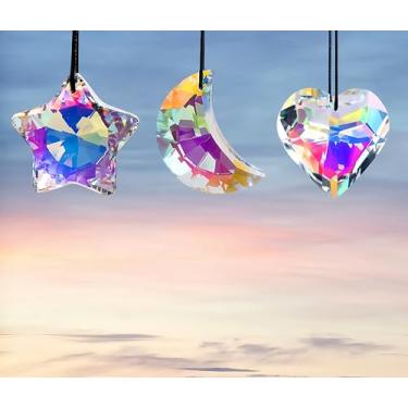 Imagem de Pacote com 3 pingentes de prisma de arco-íris de cristal estrela/coração/lua, formato de diamante, apanhador de luz iridescente, apanhador de sol para pendurar no Natal (B)