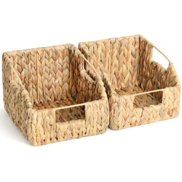 Imagem de Conjunto de 2 cestas de vime – Organizadores e armazenamento de despensa de jacinto de água com alças, para casa, quarto, cozinha e mais – Rattan tecido 100% amigo da terra, cestas decorativas de