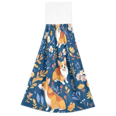 Imagem de Joisal Toalhas de mão de cozinha com laço para pendurar lindo cachorro flor azul forno toalha de chá conjunto de 2, toalha macia absorvente para cozinha banheiro, 46 x 35 centímetros