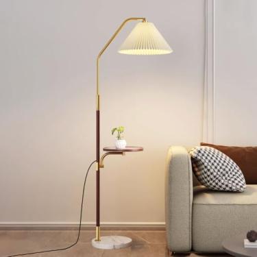 Imagem de Luminária de chão moderna em linho plissado com mesa lateral de madeira e base de mármore - Lâmpada vertical com soquete E27 regulável, ideal para sala de estar, quarto, biblioteca, cantinho