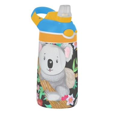 Imagem de Garrafa de água infantil Tritan de 473 ml com tampa de palha, garrafa de água esportiva portátil para escola, reutilizável, copos de viagem para crianças de 473 ml, alça de transporte, lindos coalas