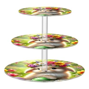 Imagem de Joitme Suporte de cupcake de 3 níveis para festa, exibição de torre de cupcake de acrílico, suporte de sobremesa, bandejas de servir comida, buffet, formatura, primavera, coelhinho, flor, coroa