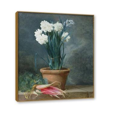 Imagem de Moldura de teca. Arte em tela floral country, pintura botânica vintage de natureza morta, decoração de parede de cozinha de fazenda emoldurada para sala de jantar. B19. 50 x 60 cm - 19,6 x 23,6 pol